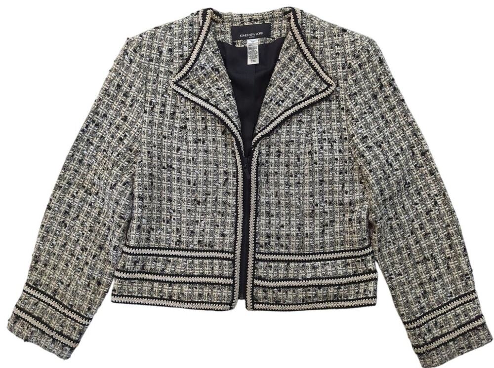 JONES NEW YORK Petite Black Cream Boucle Front Zip Jacket Blazer Womens Size 10P